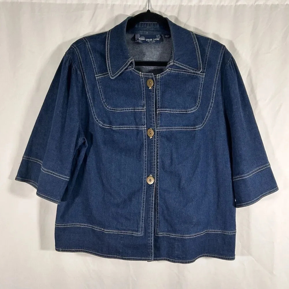 Susan Graver Denim Jacket Women's Large Dark Wash Button Up 3/4 Sleeve Cotton